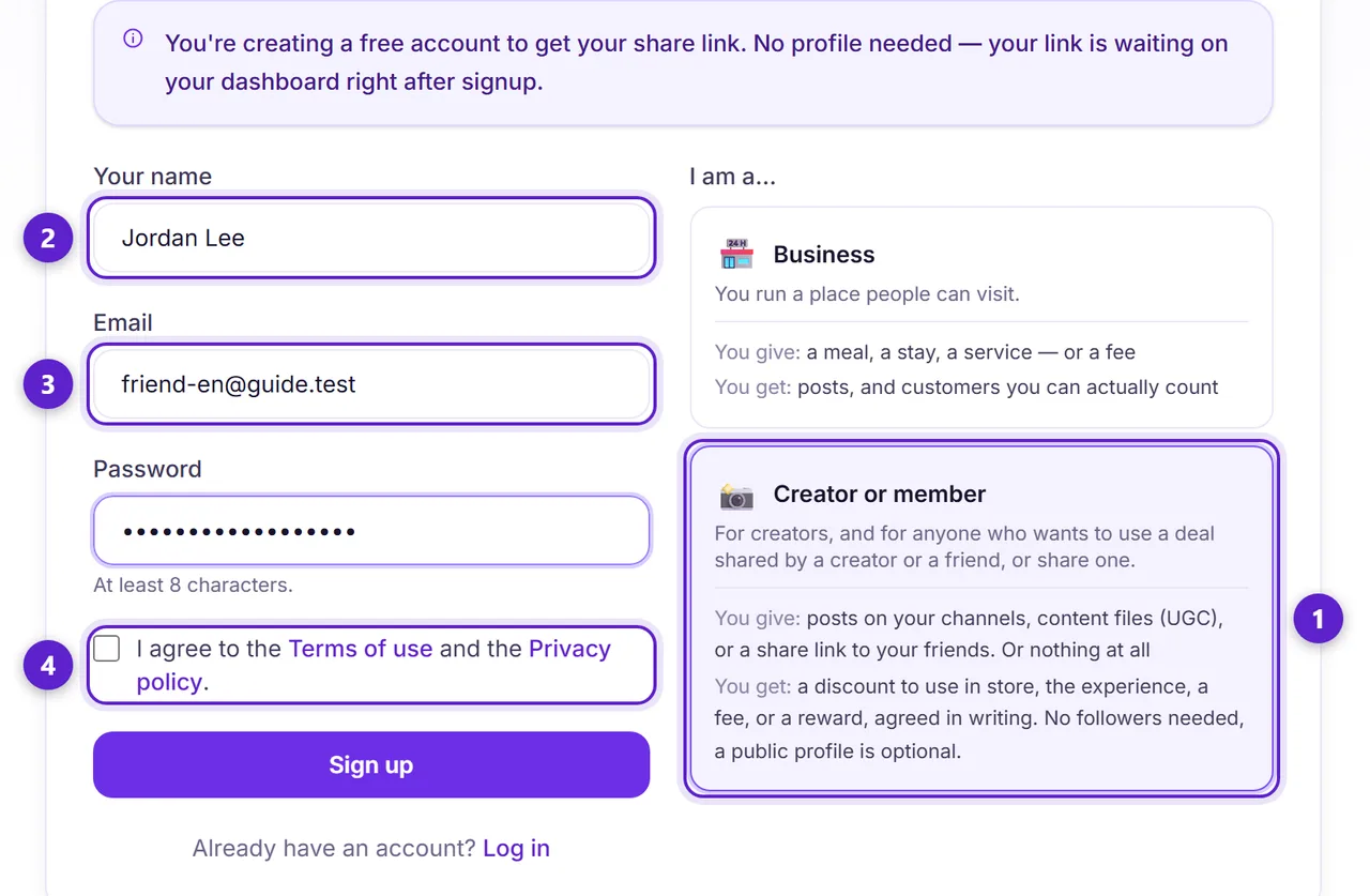 The signup form with the Creator card already selected, and the name, email and terms checkbox circled and numbered.