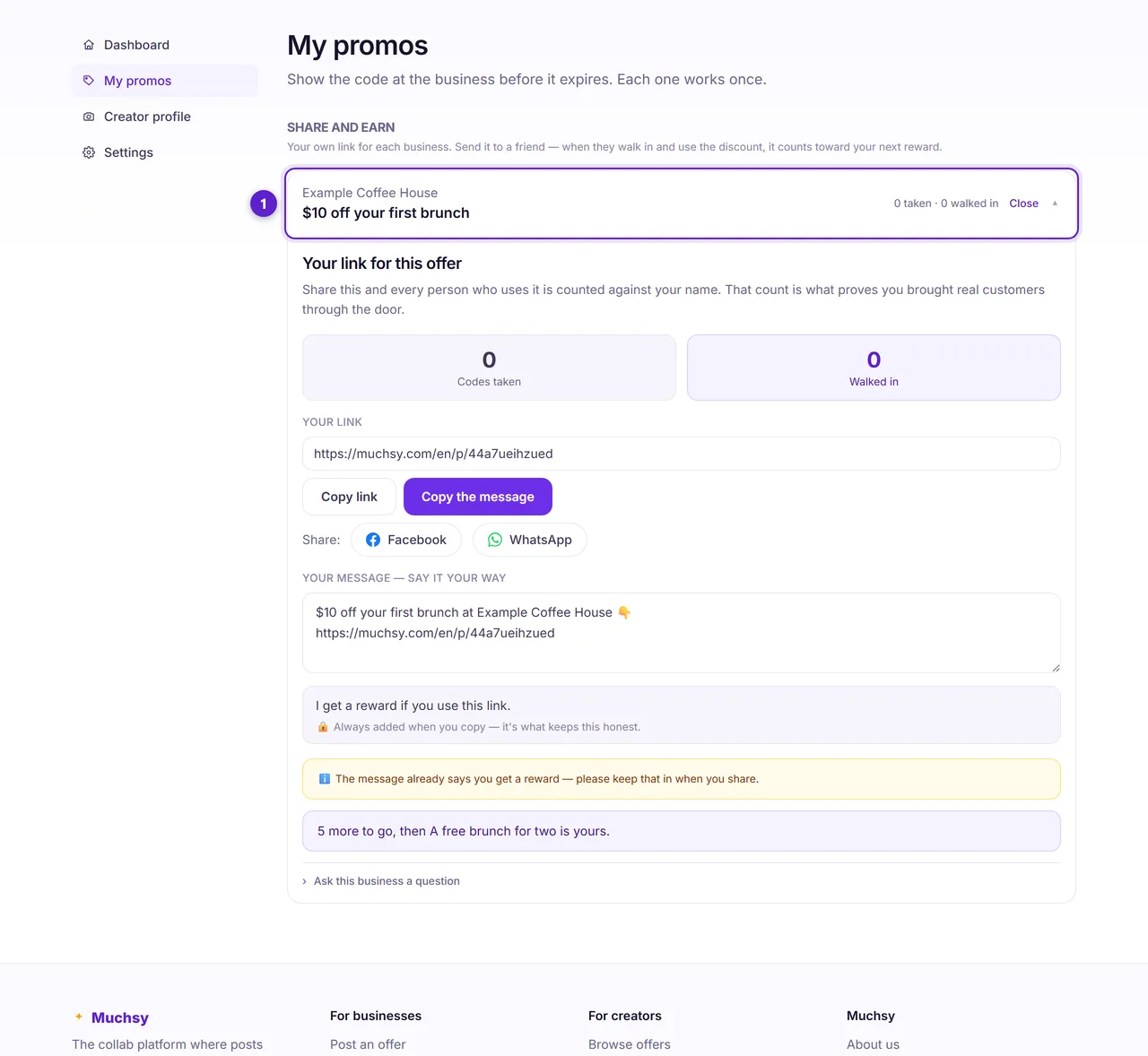 The wallet share section expanded, showing codes taken, walked in, the personal link, copy buttons, the editable message and the progress line.