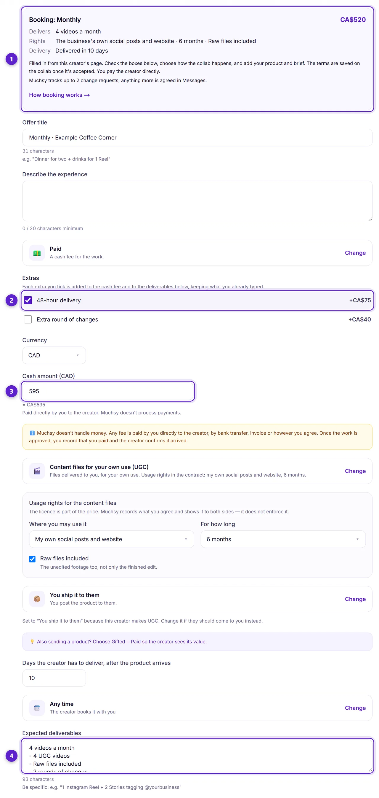 The invitation form after pressing a package: the summary of the package, an extra ticked, the cash fee and the deliverables, each circled and numbered.