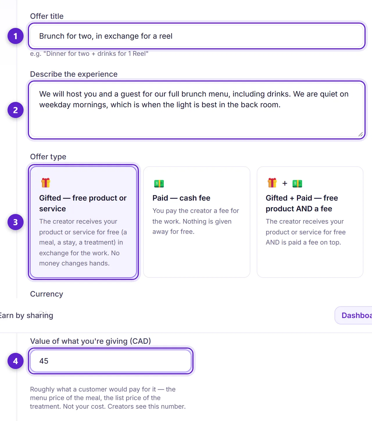 The top of the offer form: title, description, the three offer types with Gifted selected, and the value field, each circled and numbered.