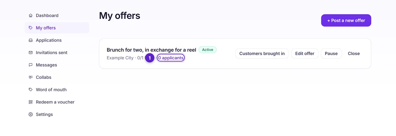 The My offers list showing the published offer with an Active badge, spots filled, and the applicants link circled.