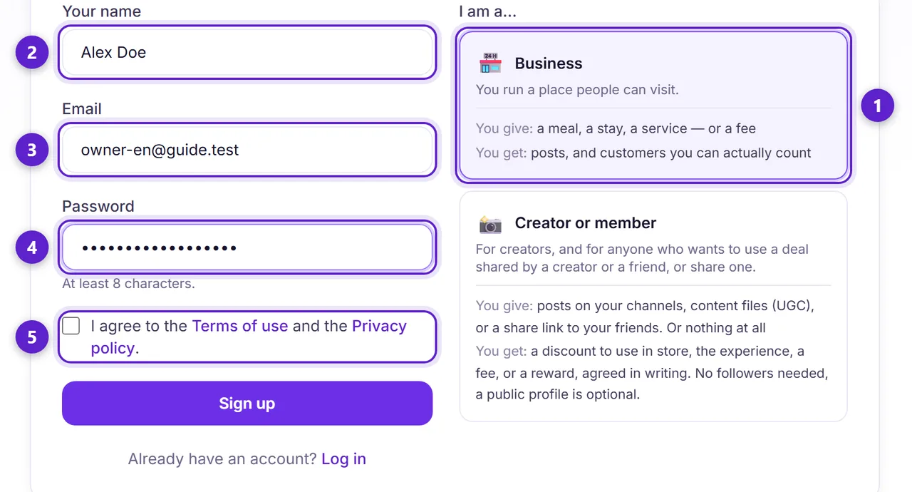 The Muchsy signup form, with the Business account card, the name, email and password fields, and the terms checkbox each circled and numbered.