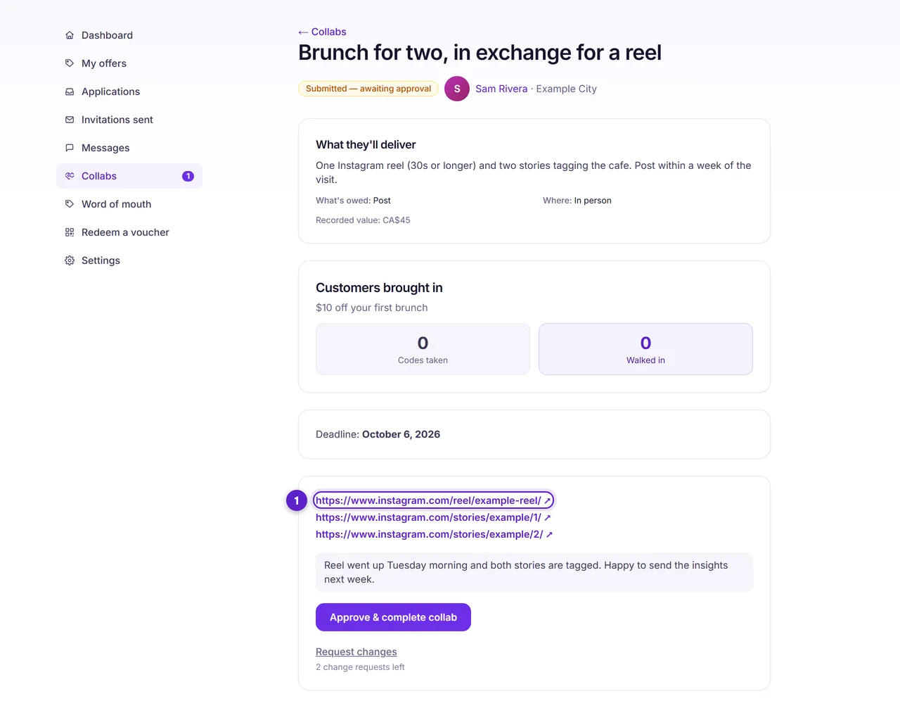 The business view of a submitted collab, showing the creator's proof links.