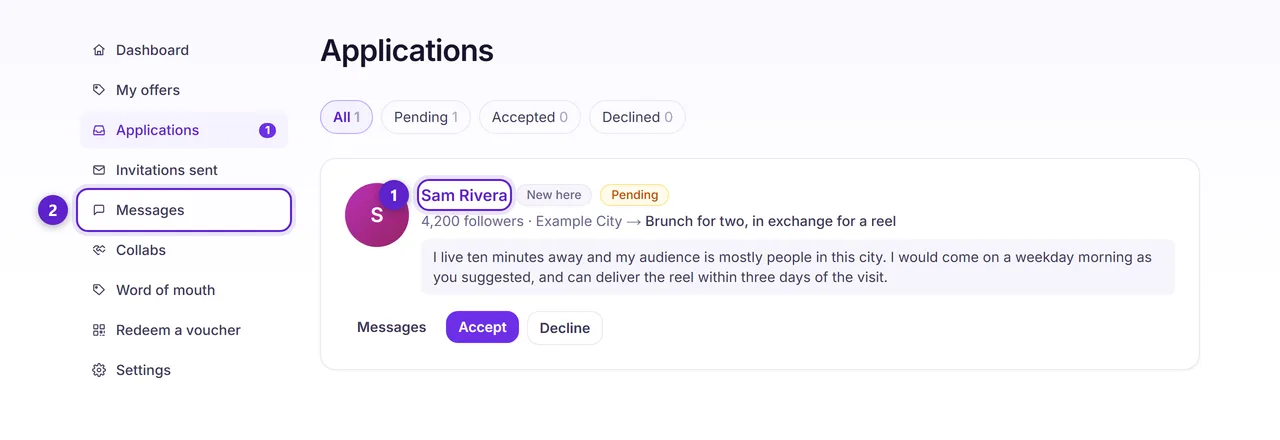 The applications inbox showing an applicant with links to their profile and the message thread.