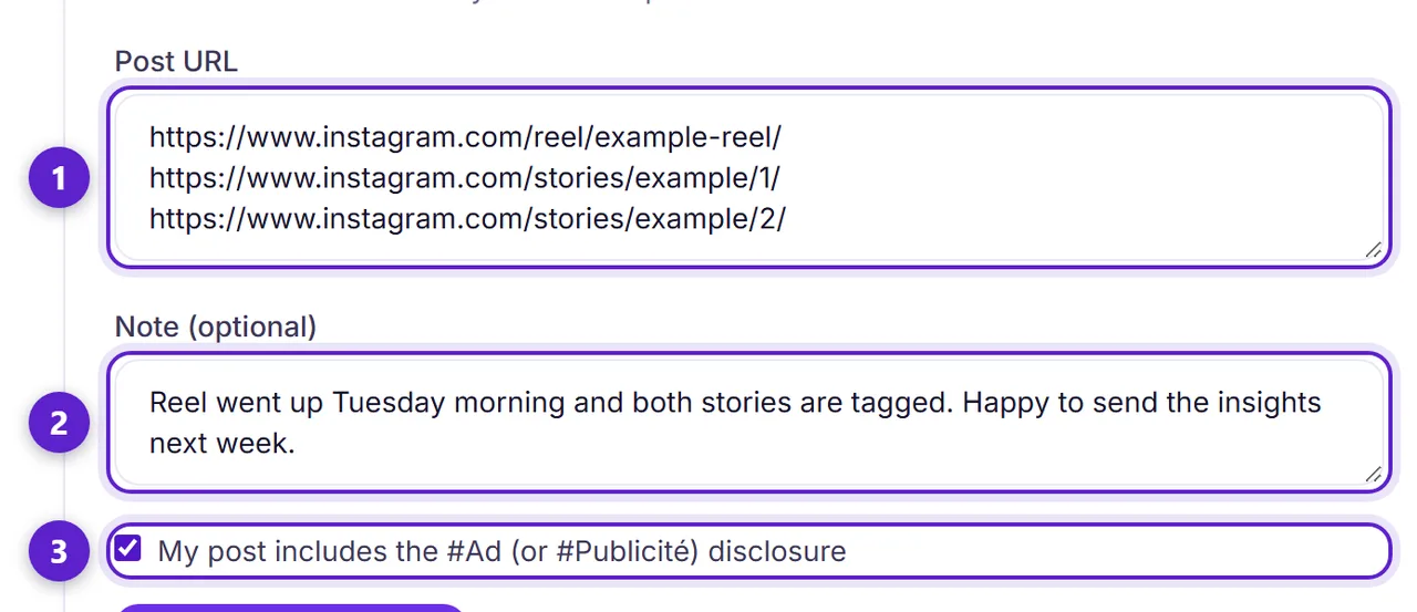 The proof of post form with the links box, a note field and the disclosure confirmation circled and numbered.