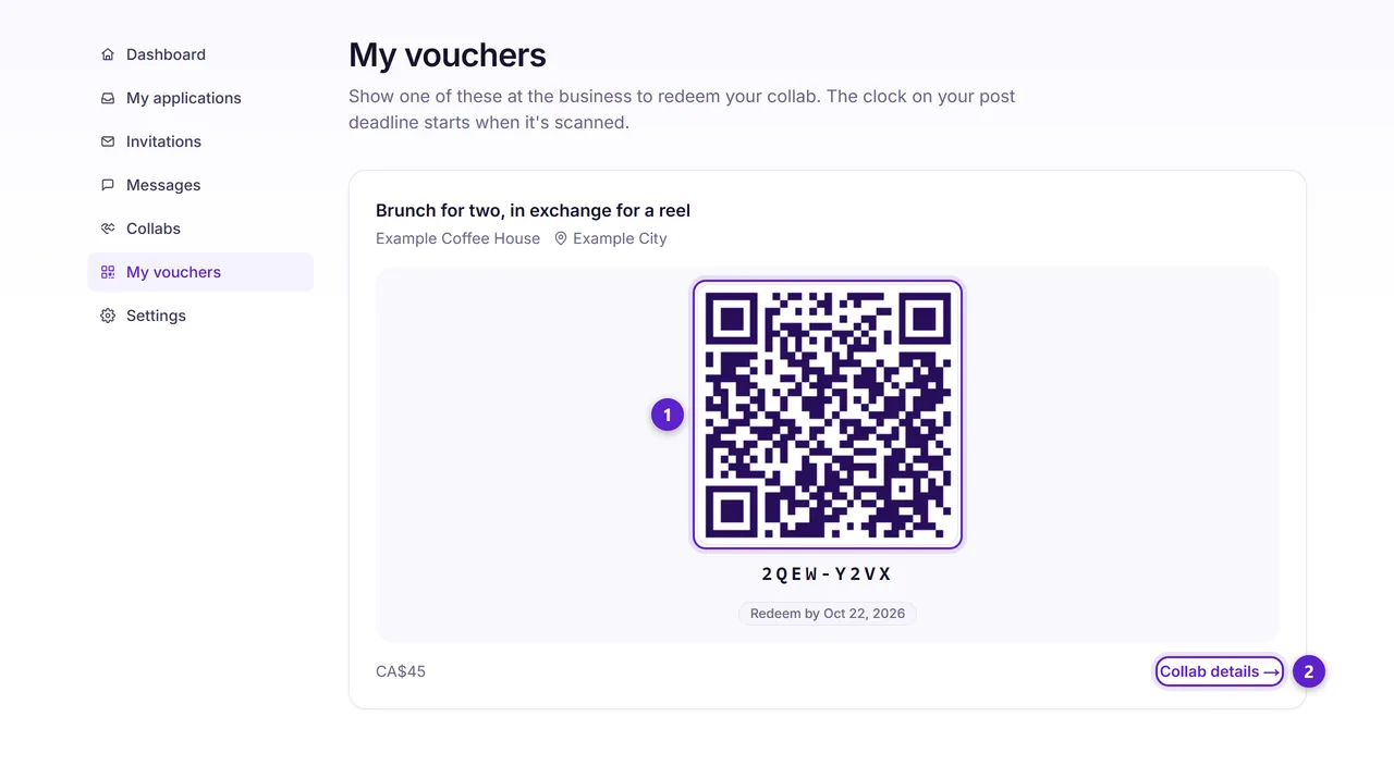 The creator's voucher page showing a QR code, the short code beneath it and the redeem-by date.