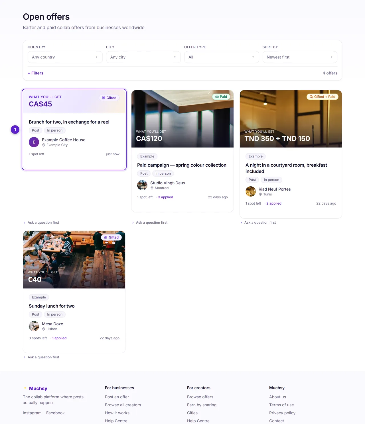 The public offers list showing offer cards with their type, location and what the creator receives.