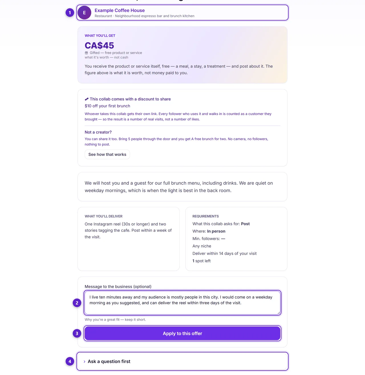 An offer page with the business name link, the message box, the apply button and the ask-a-question section circled and numbered.
