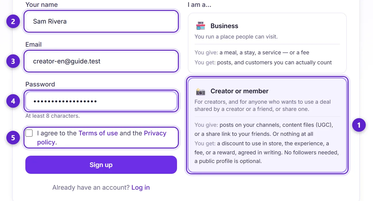 The Muchsy signup form with the Creator or member card, name, email, password and terms checkbox circled and numbered.