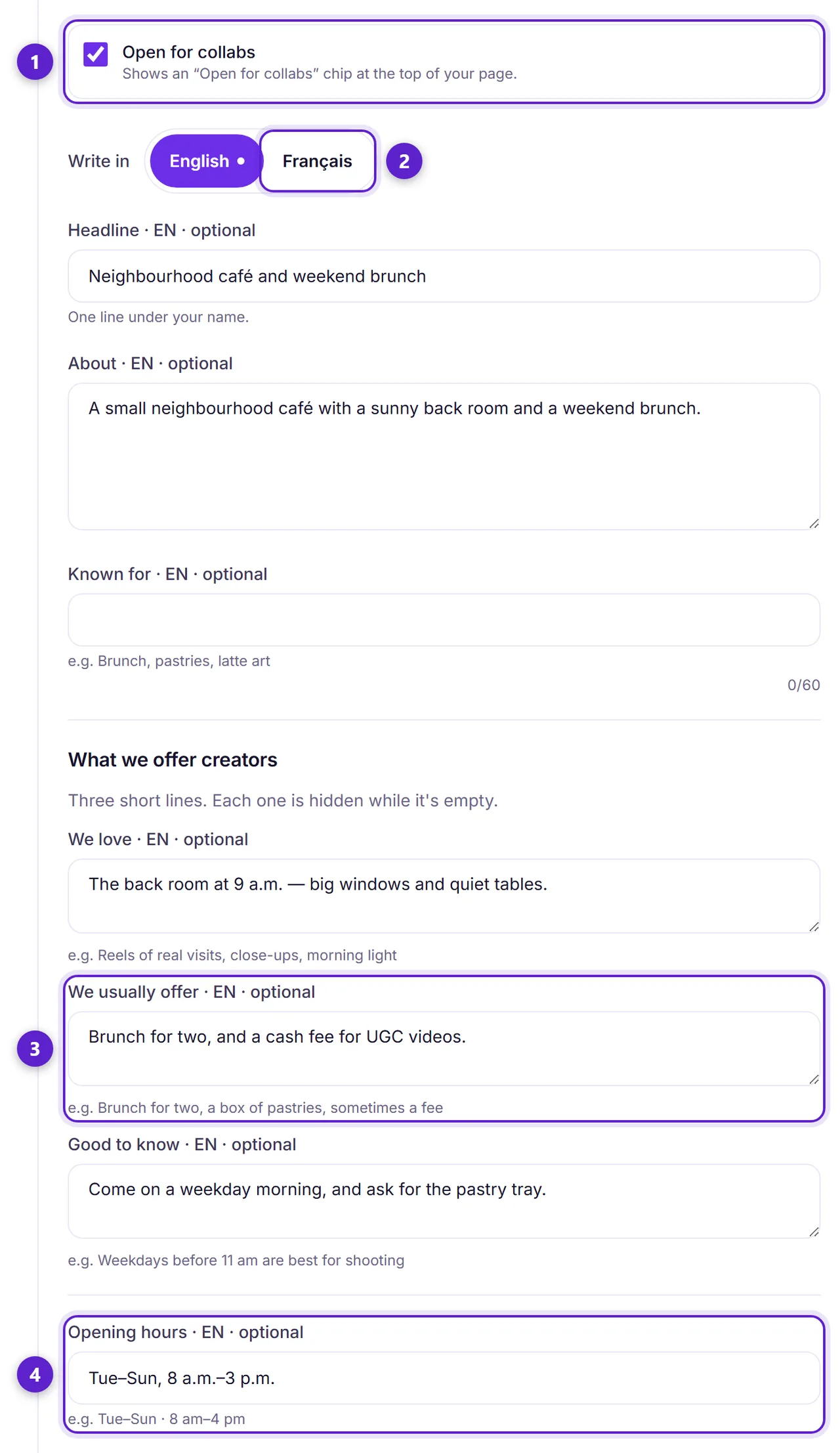 The Text screen for a business: the Open for collabs box, the language tabs, the We usually offer field and the opening hours, each circled and numbered.