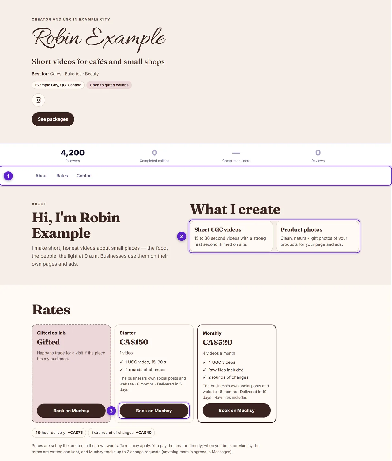 A creator's public page in the Cocoa style, with the section menu, the What I create blocks and a Book on Muchsy button circled and numbered.