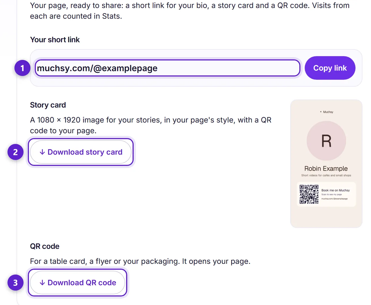 The Share screen: the short link with its copy button, the story card and the QR code, each circled and numbered.