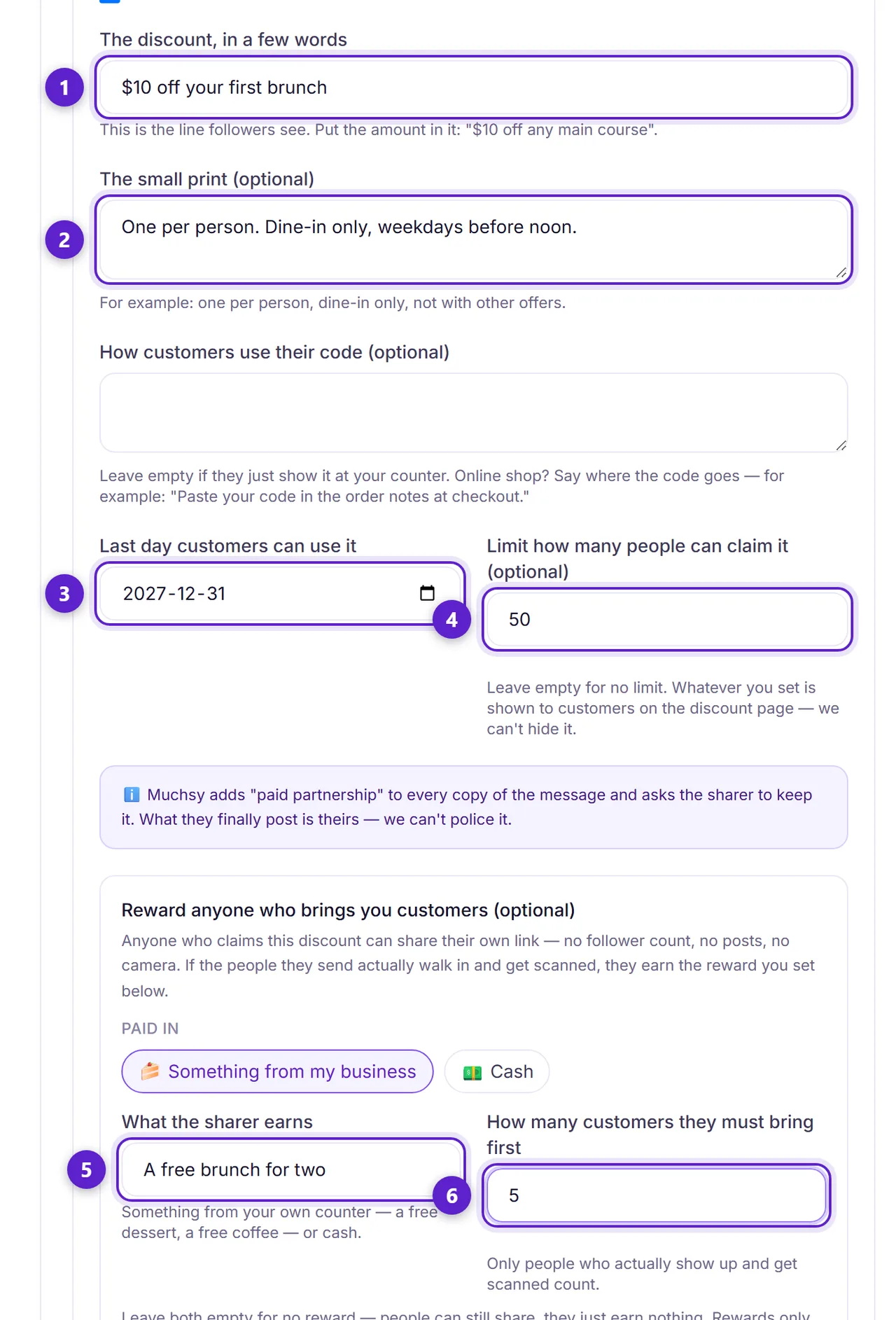 The discount section of the offer form with headline, terms, end date, limit, sharer reward and target circled and numbered.