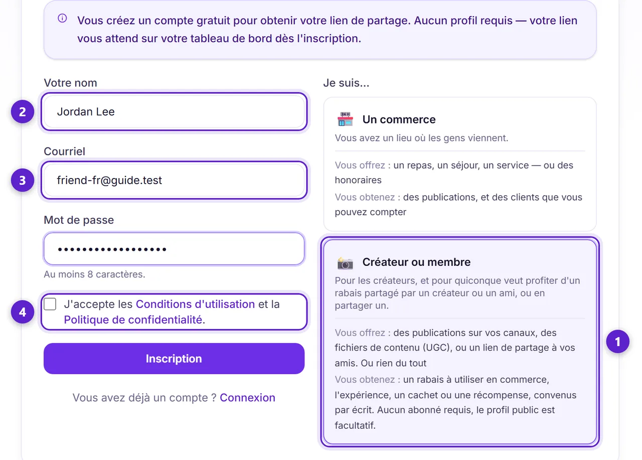 Le formulaire d'inscription avec la carte Créateur déjà sélectionnée, le nom, le courriel et la case des conditions entourés et numérotés.