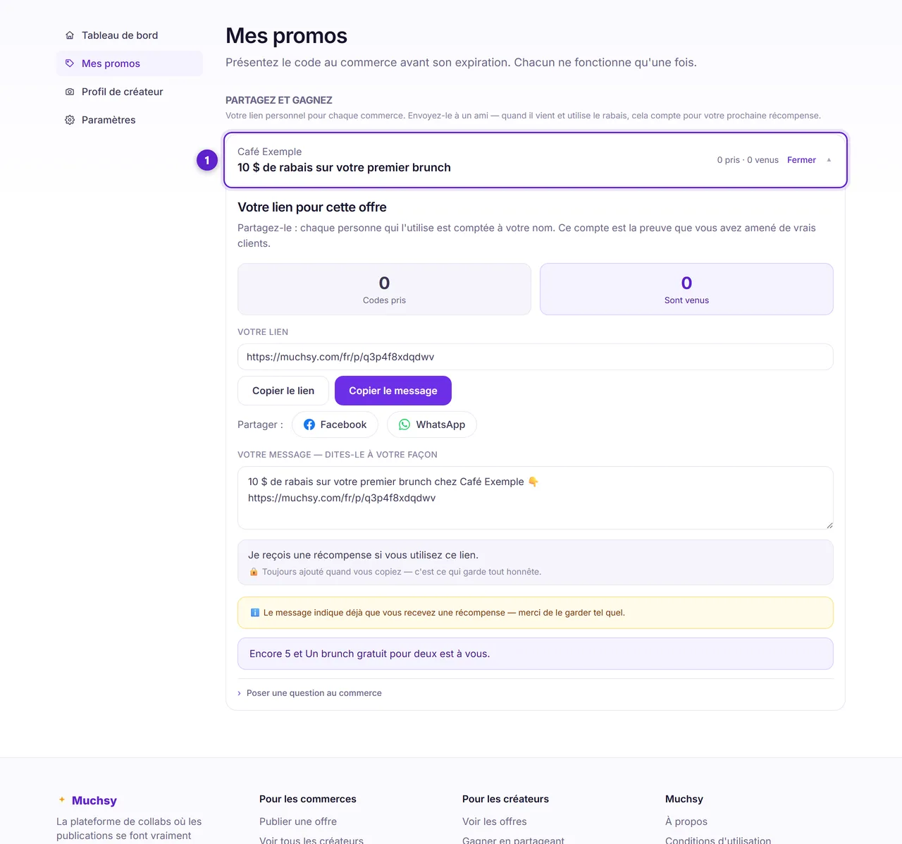 La section de partage du portefeuille dépliée, montrant les codes pris, les personnes venues, le lien personnel, les boutons de copie, le message modifiable et la ligne de progression.