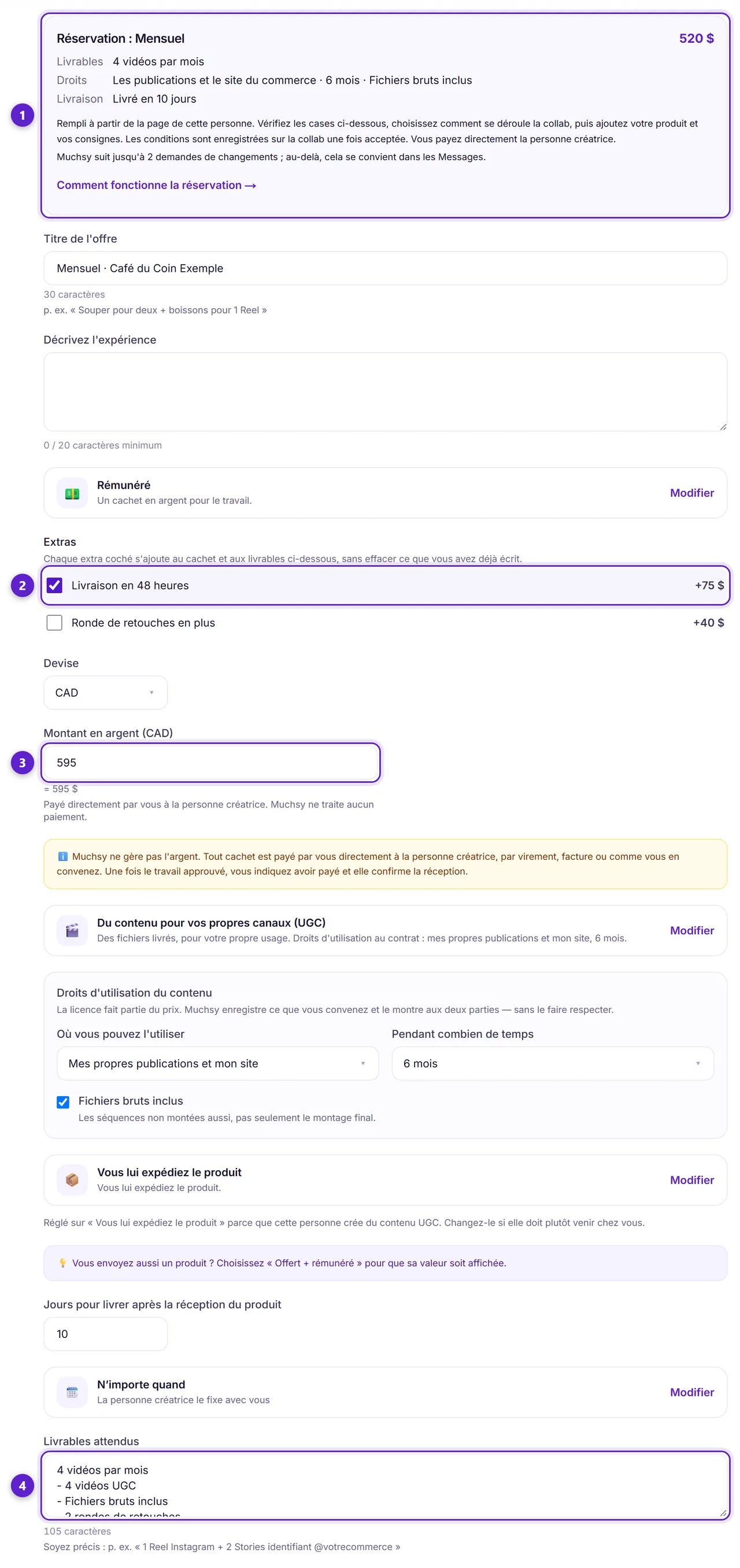 Le formulaire d'invitation après avoir choisi un forfait : le résumé du forfait, un extra coché, le cachet et les livrables, chacun entouré et numéroté.