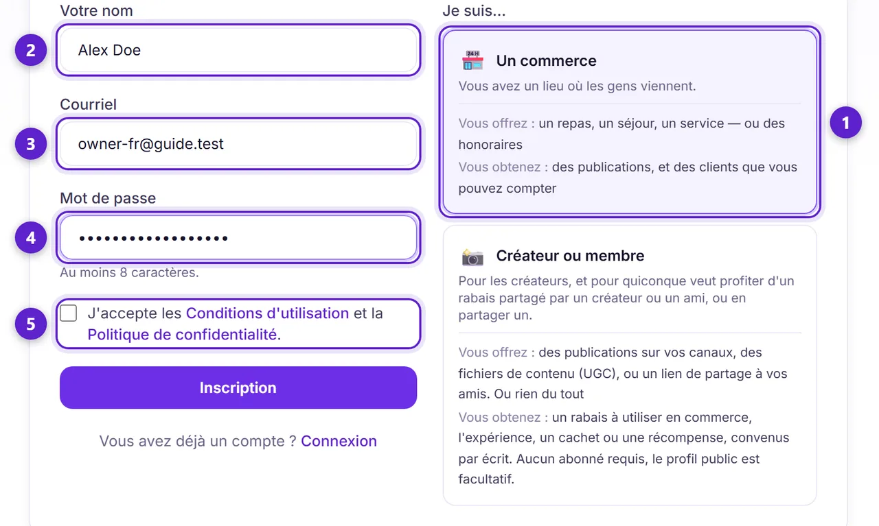 Le formulaire d'inscription de Muchsy, avec la carte Commerce, les champs nom, courriel et mot de passe, et la case des conditions, chacun entouré et numéroté.