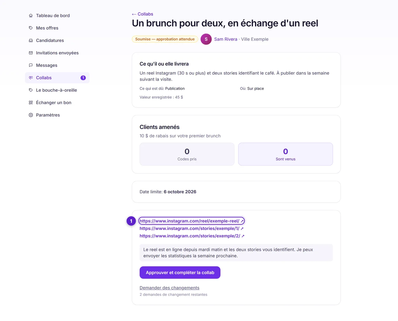 La vue de l'entreprise sur une collab soumise, montrant les liens de preuve du créateur.