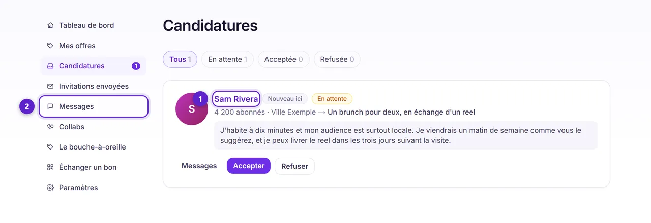 La boîte de réception des candidatures montrant un candidat avec les liens vers son profil et vers le fil de messages.