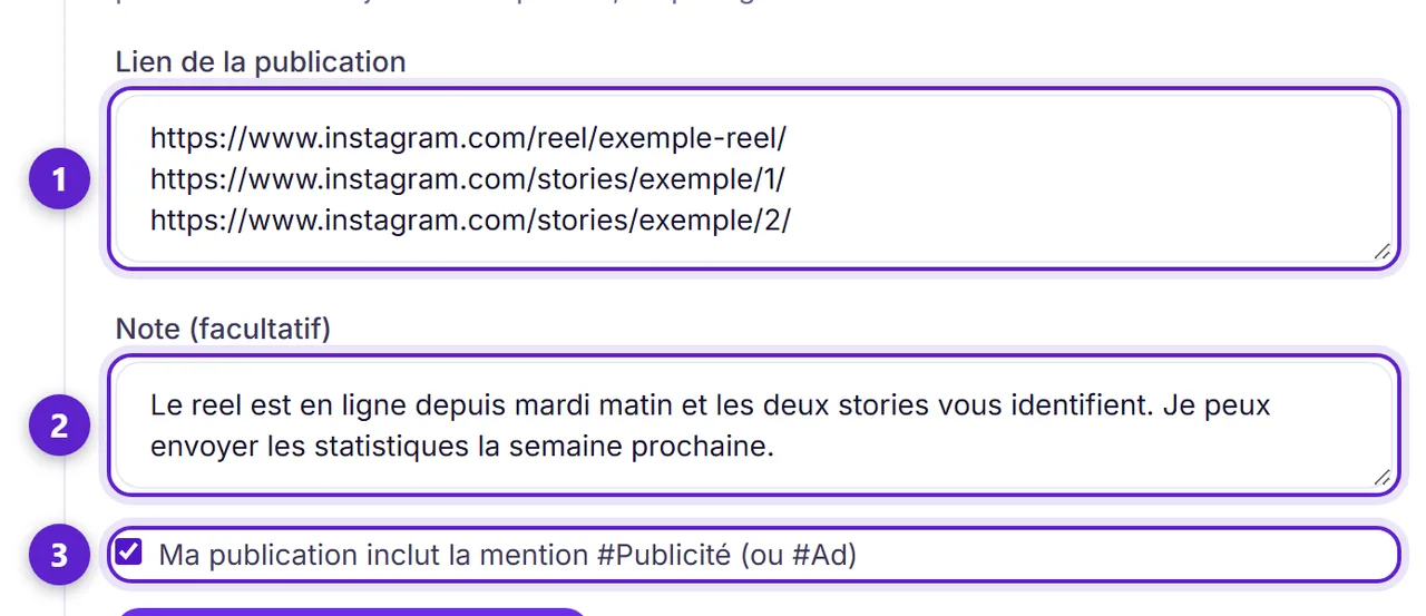 Le formulaire de preuve de publication avec la zone des liens, un champ de note et la confirmation de divulgation entourés et numérotés.