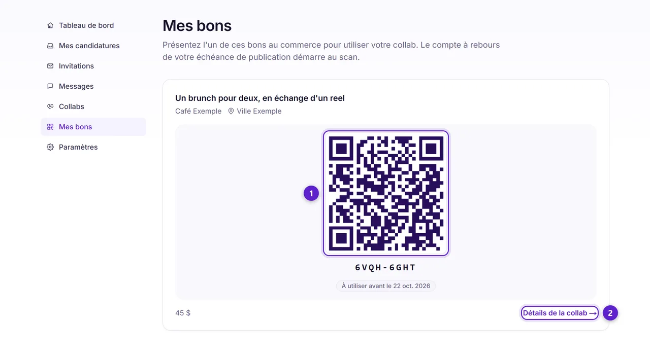 La page des bons du créateur montrant un code QR, le code court en dessous et la date limite d'échange.