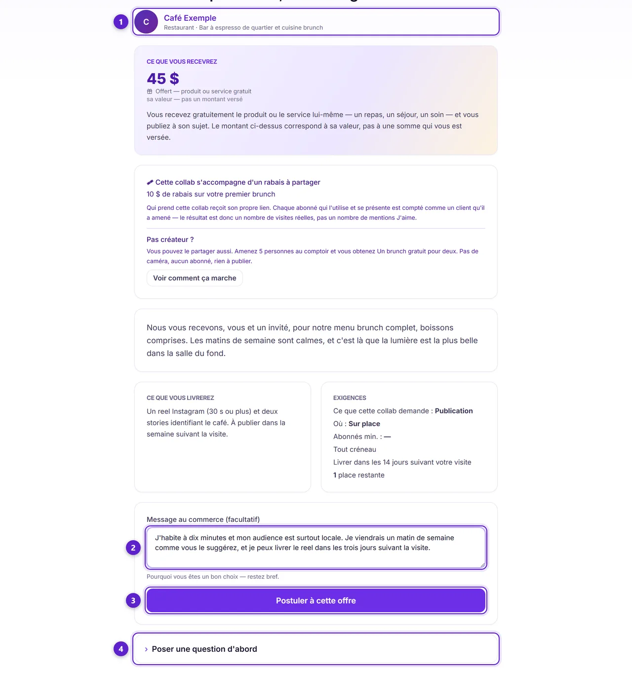 Une page d'offre avec le lien vers l'entreprise, la zone de message, le bouton de candidature et la section « poser une question » entourés et numérotés.