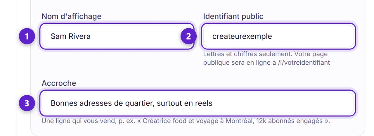 Le formulaire de profil créateur avec le nom affiché, le pseudo public et l'accroche entourés et numérotés.