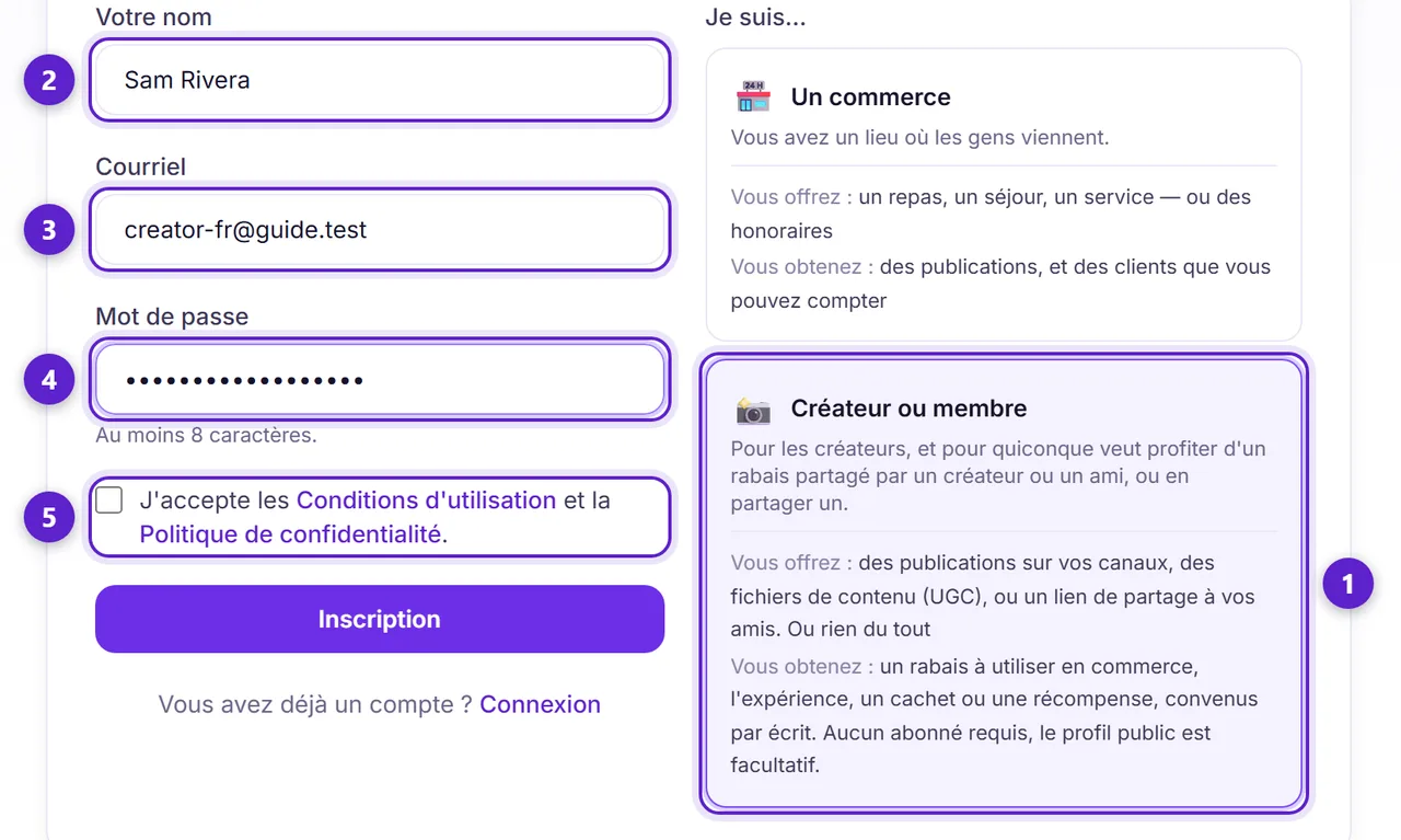 Le formulaire d'inscription de Muchsy avec la carte Créateur ou membre, le nom, le courriel, le mot de passe et la case des conditions entourés et numérotés.