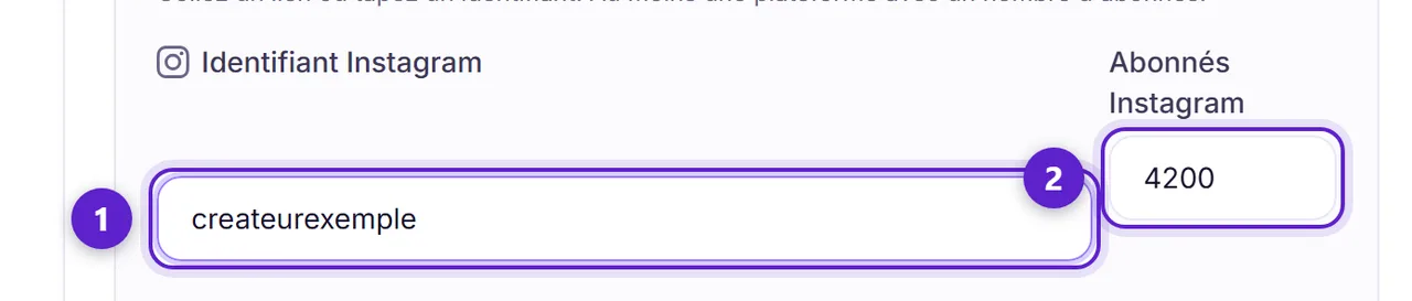 La section des comptes sociaux du profil créateur, avec le pseudo Instagram et le nombre d'abonnés entourés et numérotés.