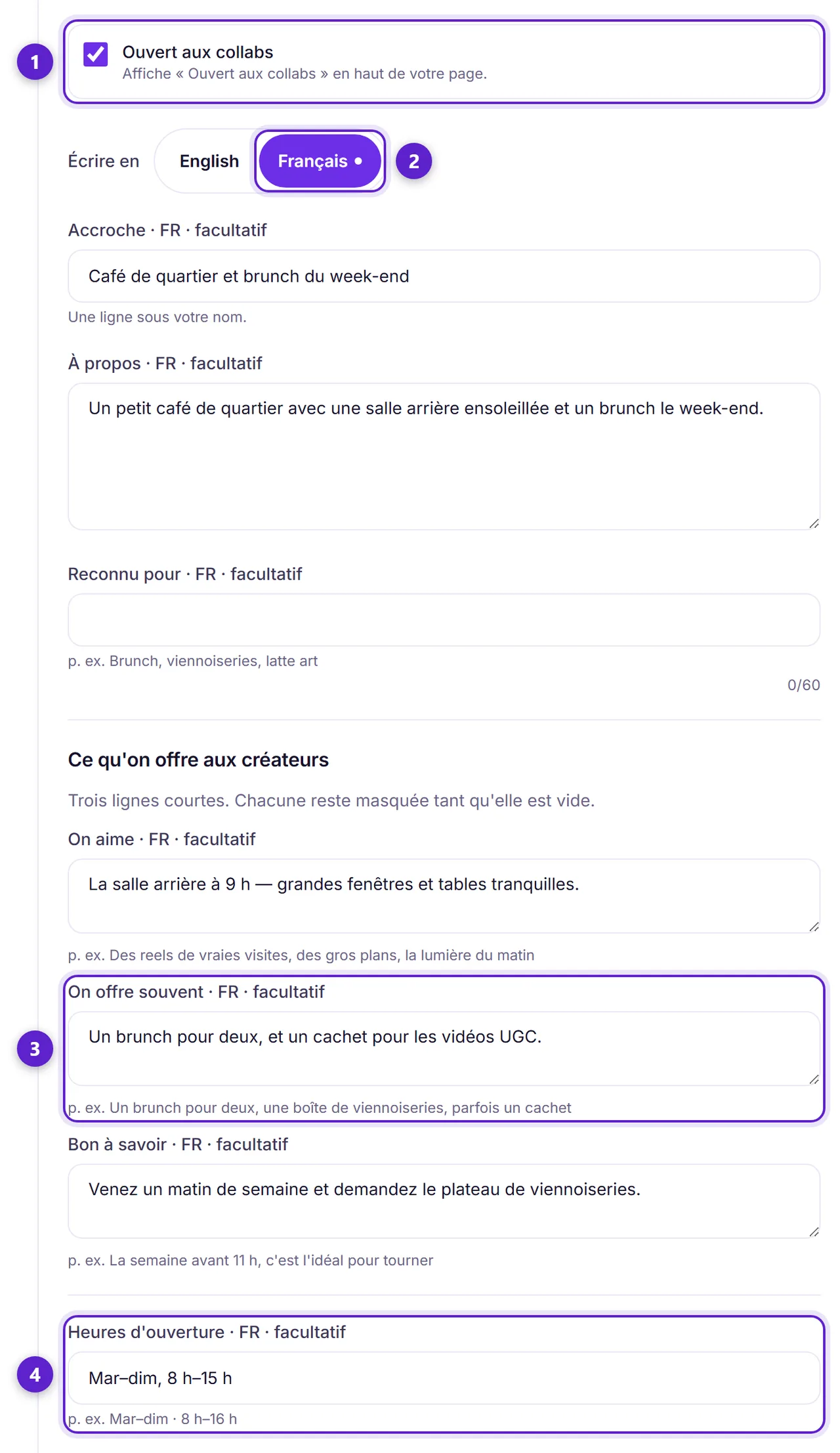 L'écran Textes d'un commerce : la case Ouvert aux collabs, les onglets de langue, le champ On offre souvent et les heures d'ouverture, chacun entouré et numéroté.