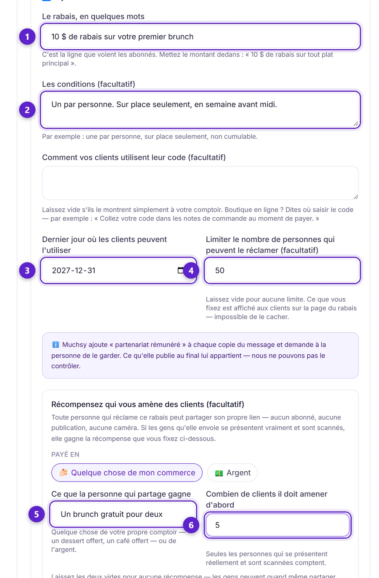 La section rabais du formulaire d'offre avec l'accroche, les conditions, la date de fin, la limite, la récompense de partage et la cible entourées et numérotées.